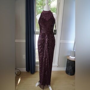 [Size 2] Burgundy Sequin Halter Gown with Embellished Neckline – Adrianna Papell